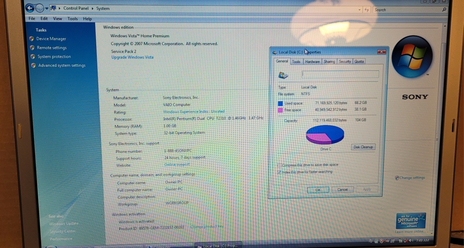Sony Vaio PCG-7Z2L with Power Cord 104 GB HHD, 1 GB RAM, 1.46Ghz, Windows Vista