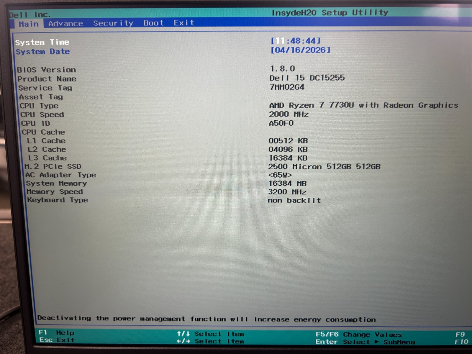 DELL 15 DC15255 G8MK9, AMD Ryzen 7 7730U, 2.00 GHz, 16 GB RAM, 512 GB NVMe SSD