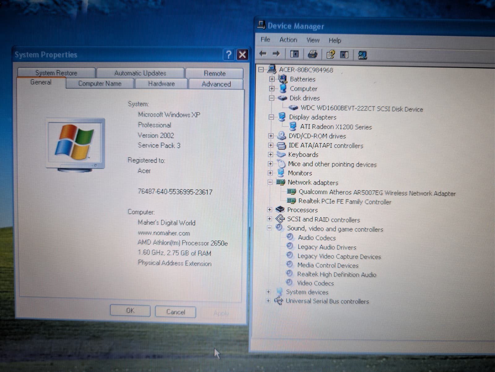 15″ Acer Aspire 5515 | AMD Athlon 2650e 3GB RAM 160GB HD | Win XP Pro 32-Bit DVD