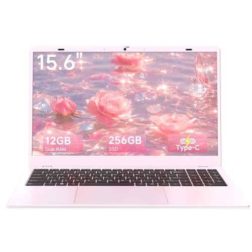 Pink Laptop Computer for Students, 15.6 Inch FHD IPS Display, 12GB RAM 256GB