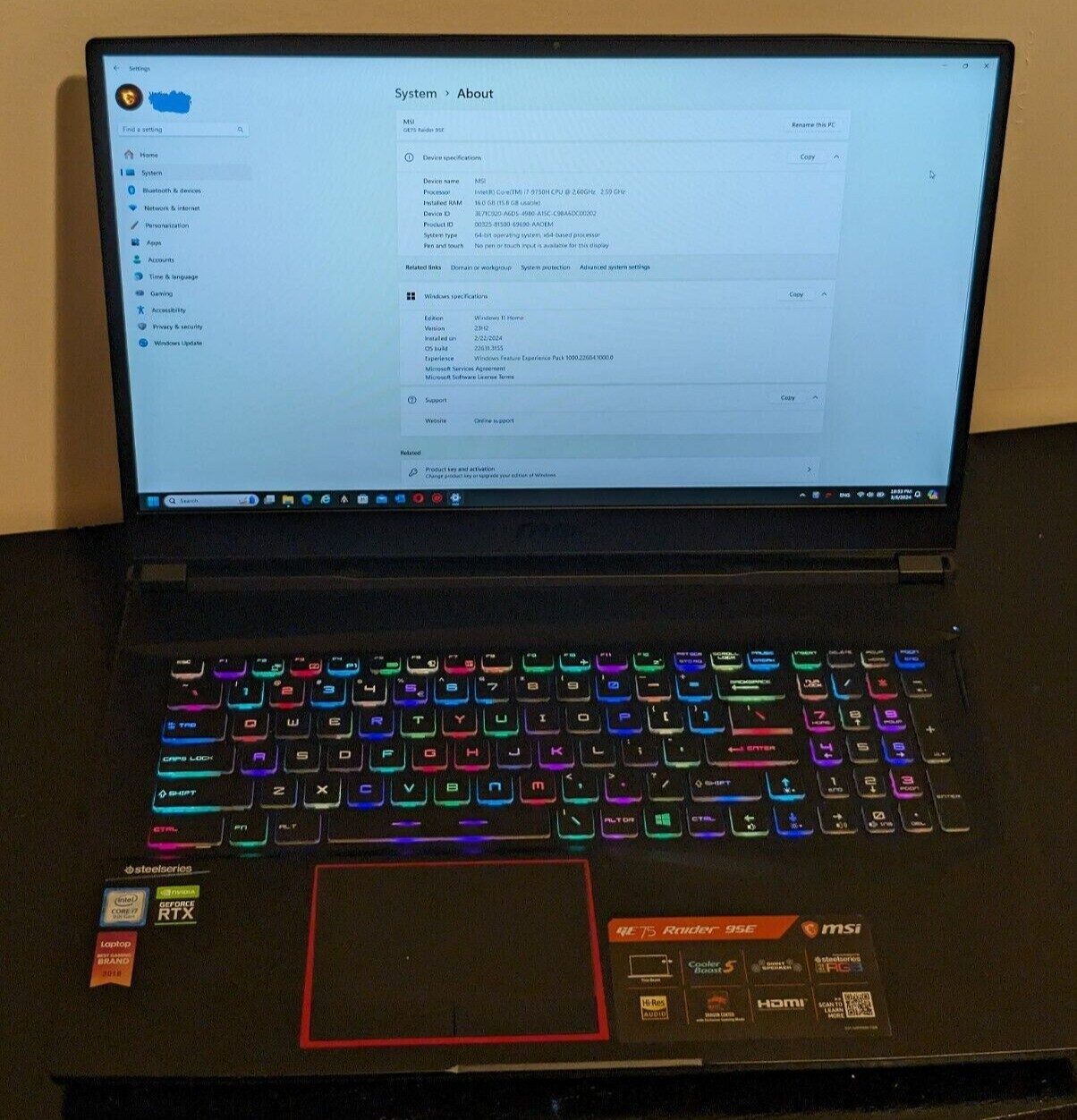 MSI GE75 Raider 9SE 17.3 inch (512 SSD 1TB HDD, Intel Core i7 9750H, 2.6GHz)