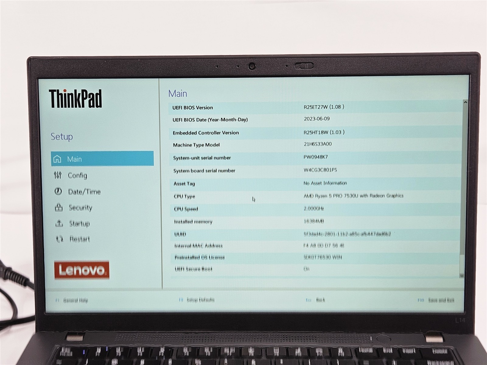 Lenovo ThinkPad L14 Gen 4 AMD Ryzen 5 Pro 7530U 16GB RAM 256GB SSD 14″ Black