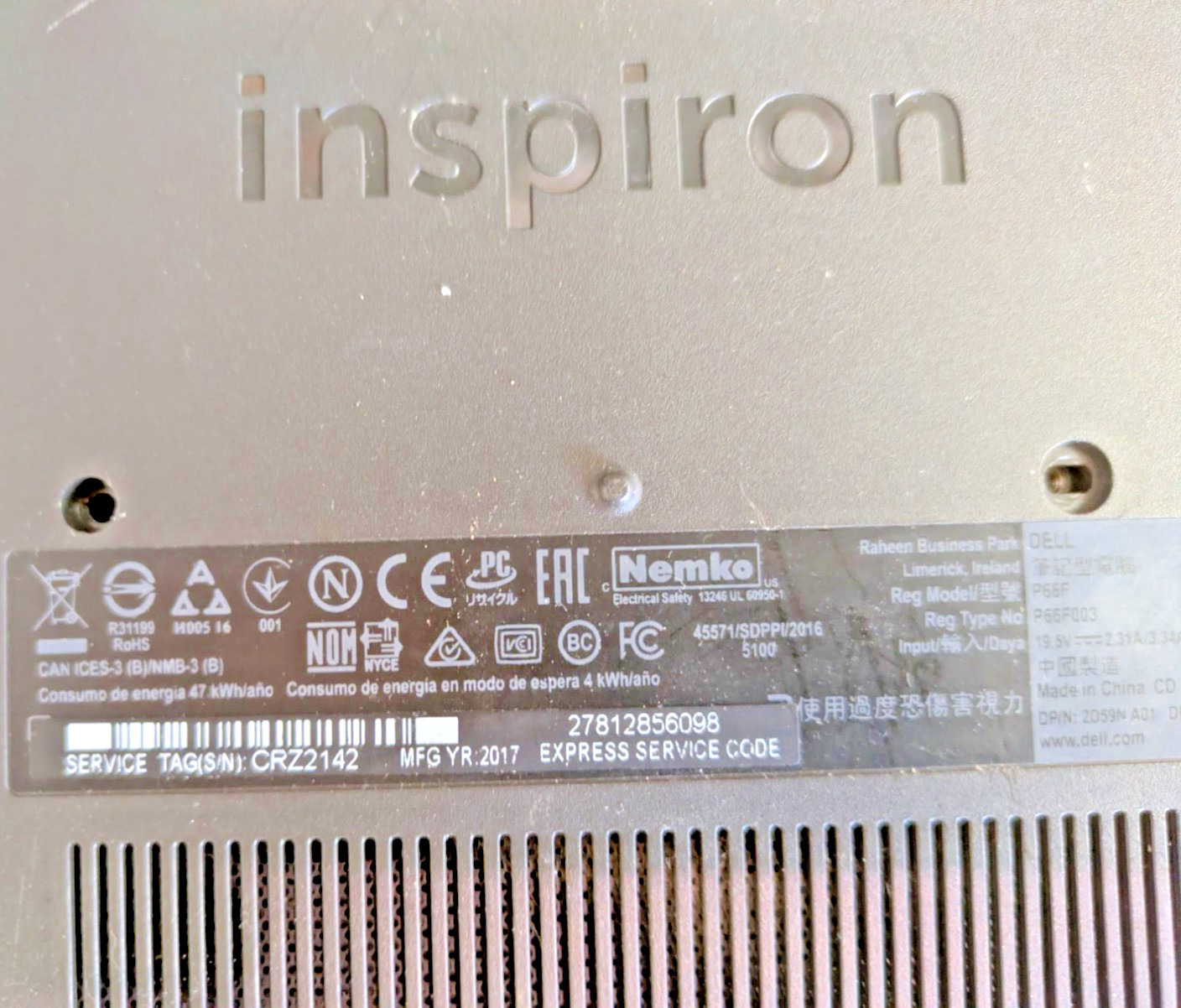 DELL INSPIRON 5565 – BOOTS TO BIOS – AMD A9 9400P-4GB RAM -No Optical, SSD