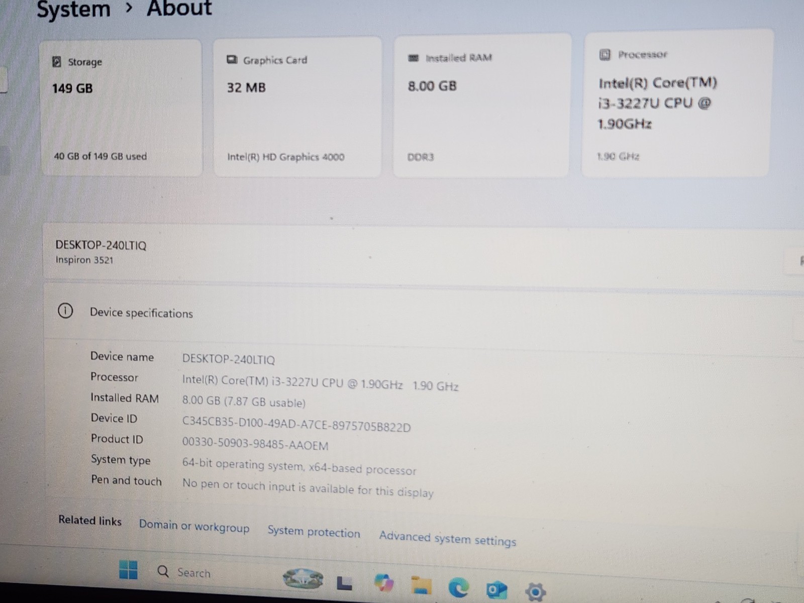 DELL Inspiron 3521 PJ8GD Laptop/Core I3-3227U 8GB 149GB Win 11 Activated *READ*