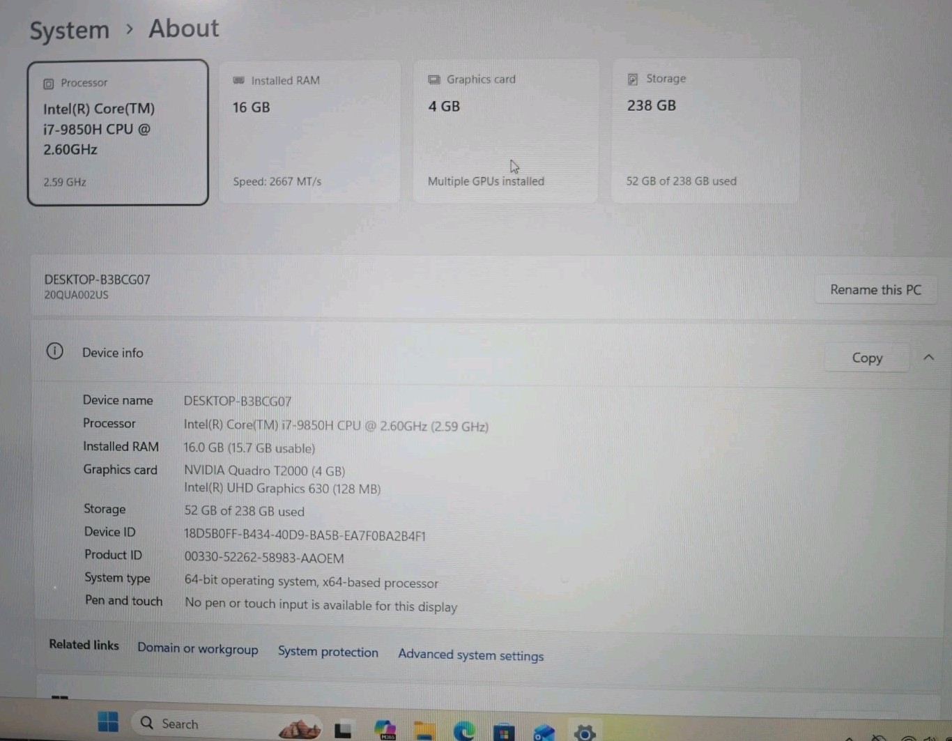 Lenovo ThinkPad P1 2nd Gen 15.6 inch 16GB 256GB HD Intel Core i7 9th Gen 2.60GHz