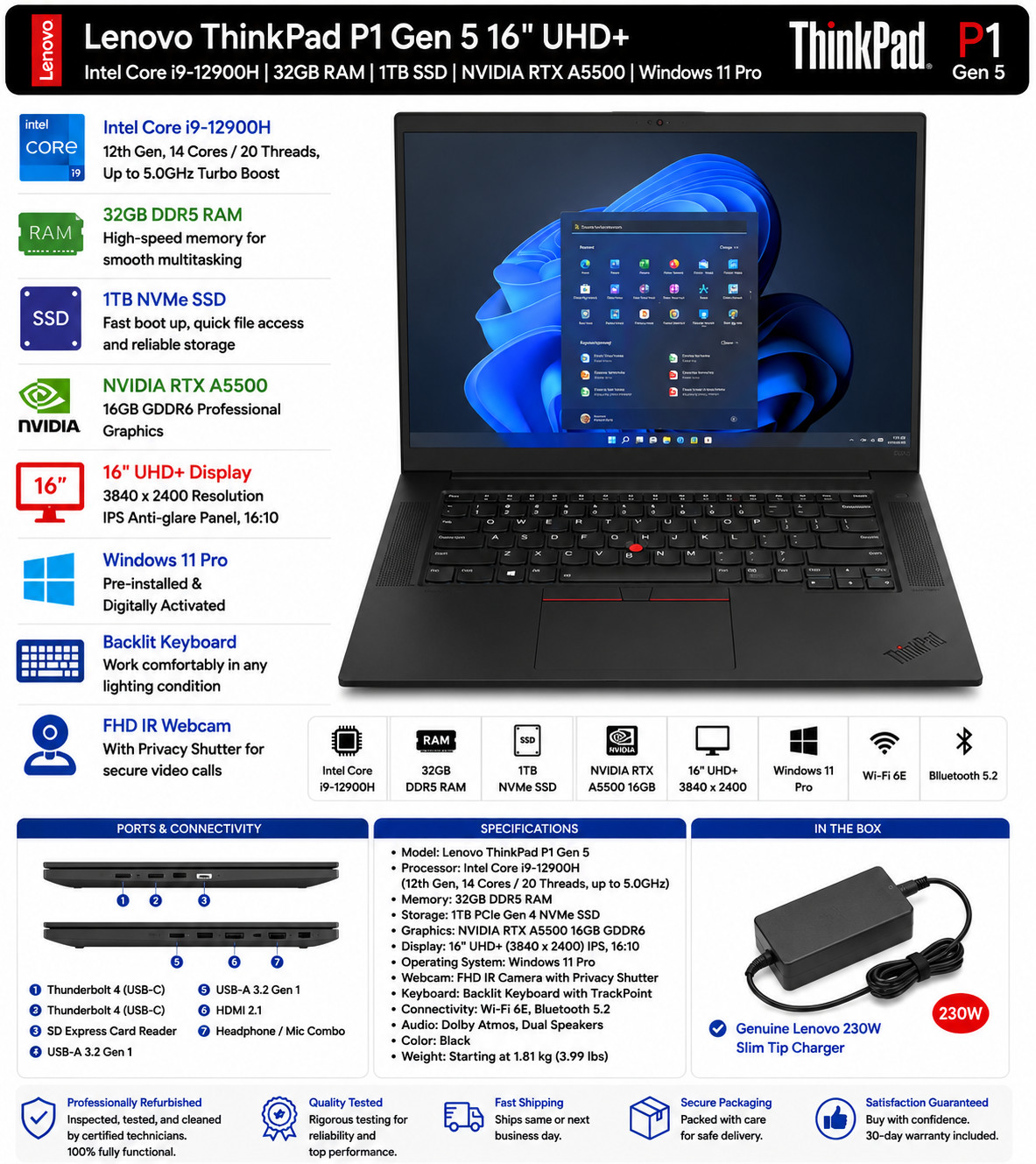 ThinkPad P1 Gen 5 16″ UHD+ i9-12900H 32GB RAM 1TB NVMe NVIDIA RTX A5500 Win11 P