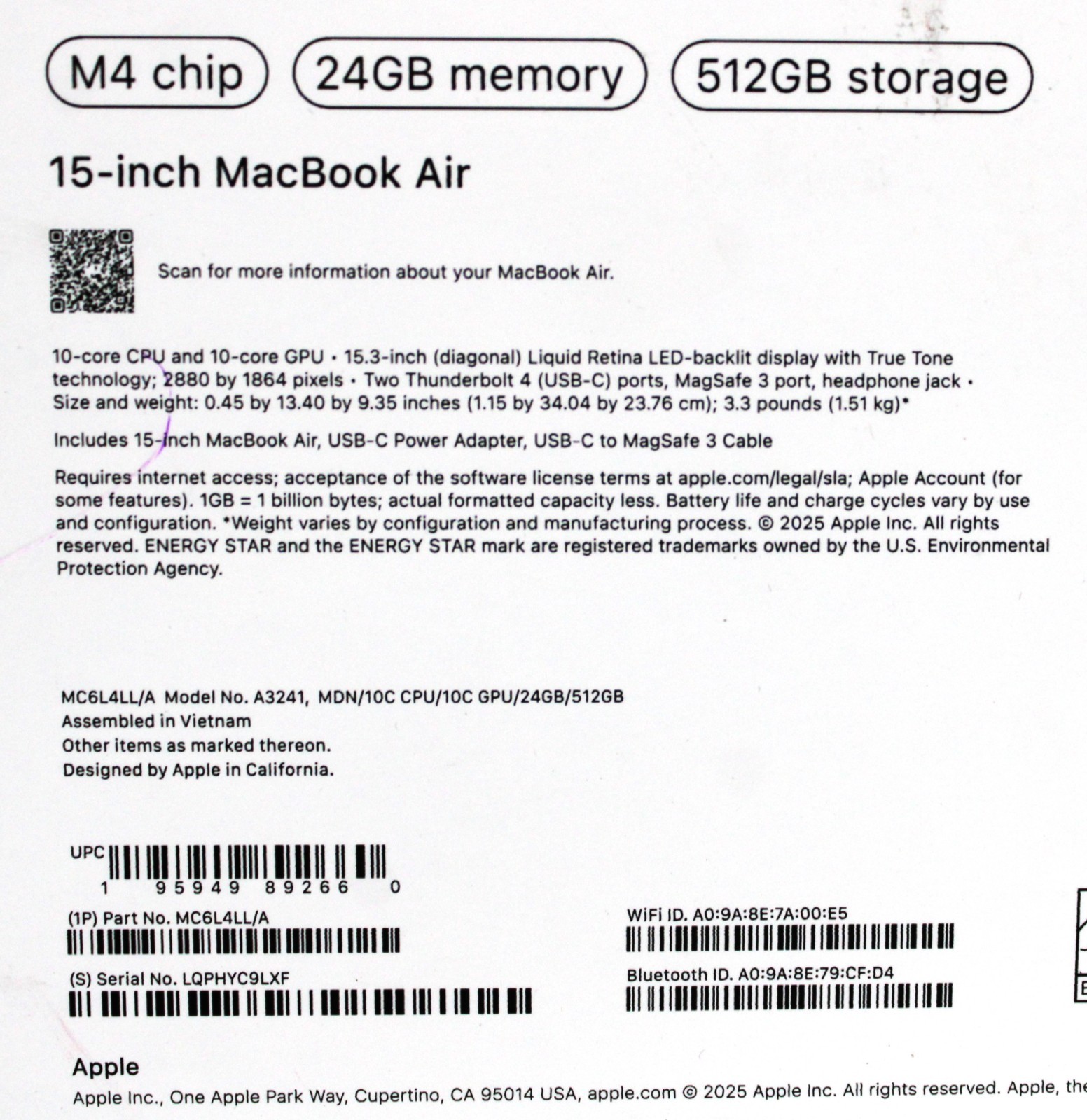 Apple | MC6L4LL/A | A3241 MacBook Air | 24Gb Memory | 512Gb Storage – Open Box
