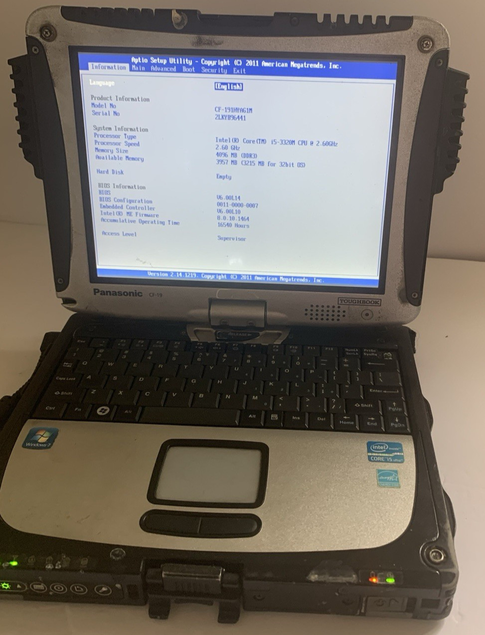 Panasonic CF-19 Core i5-3320M 2.6GHz 8GB NO HDD / MK6 Boot TO BIOS