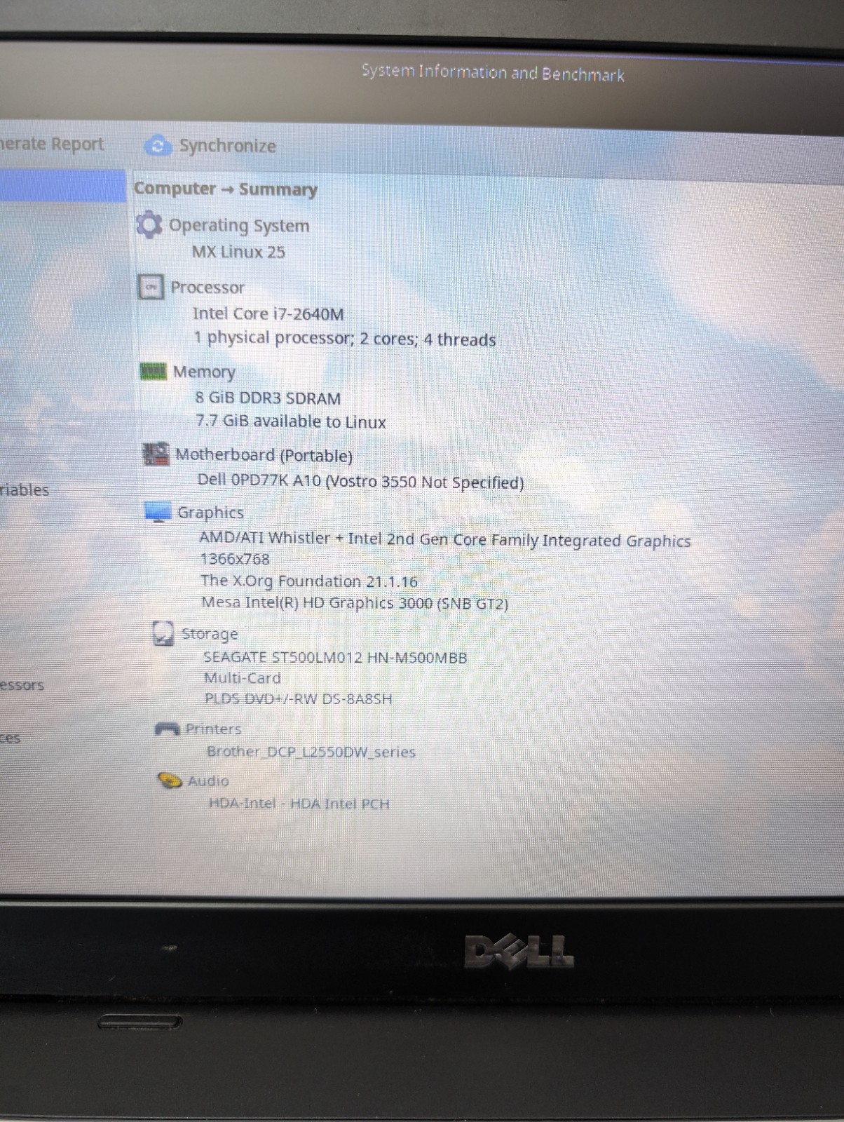 Dell Vostro 3550 Laptop Intel Core i7-2640M @3.50 GHz 8GB 500GB HDD MX Linux