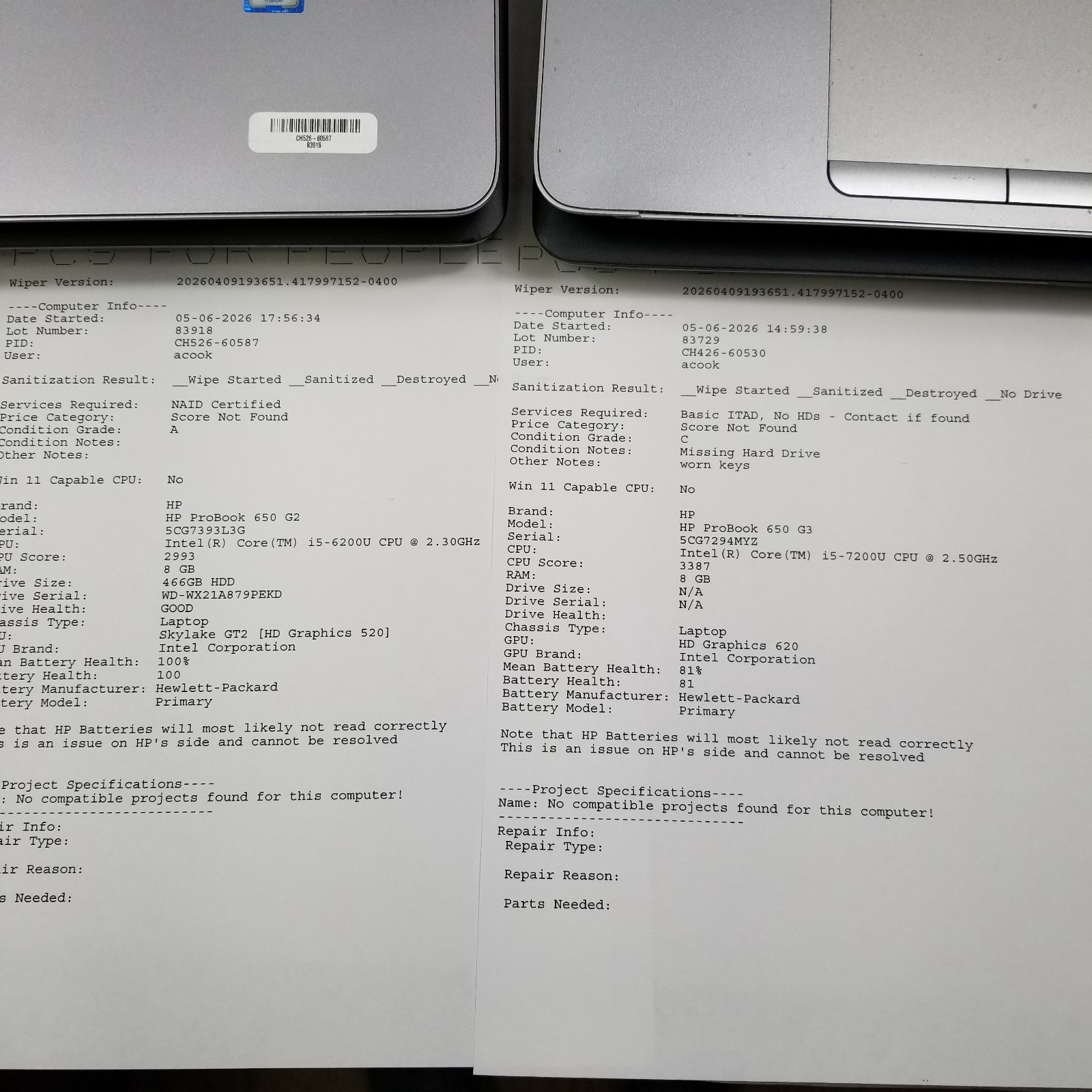 Lot of (6) HP ProBook 650 G2/G3 Laptop Intel Core i5 / i7 Mixed Specs