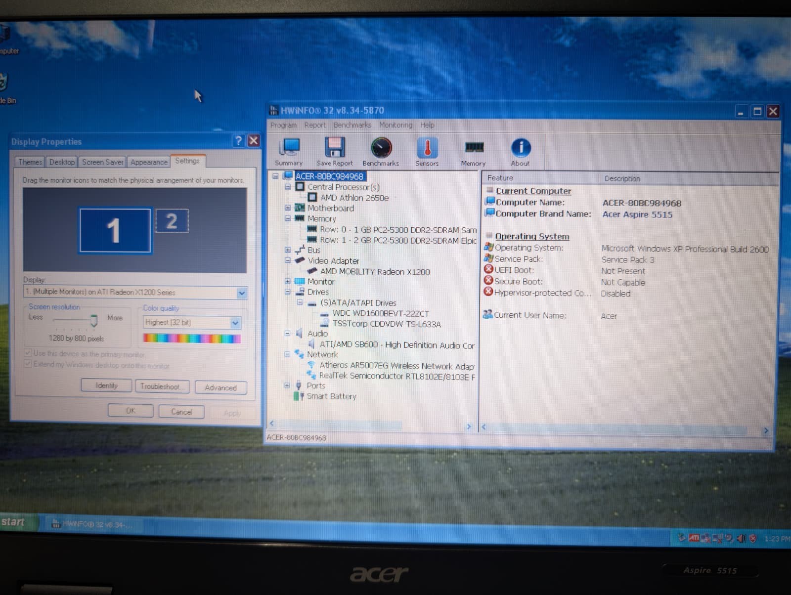 15″ Acer Aspire 5515 | AMD Athlon 2650e 3GB RAM 160GB HD | Win XP Pro 32-Bit DVD
