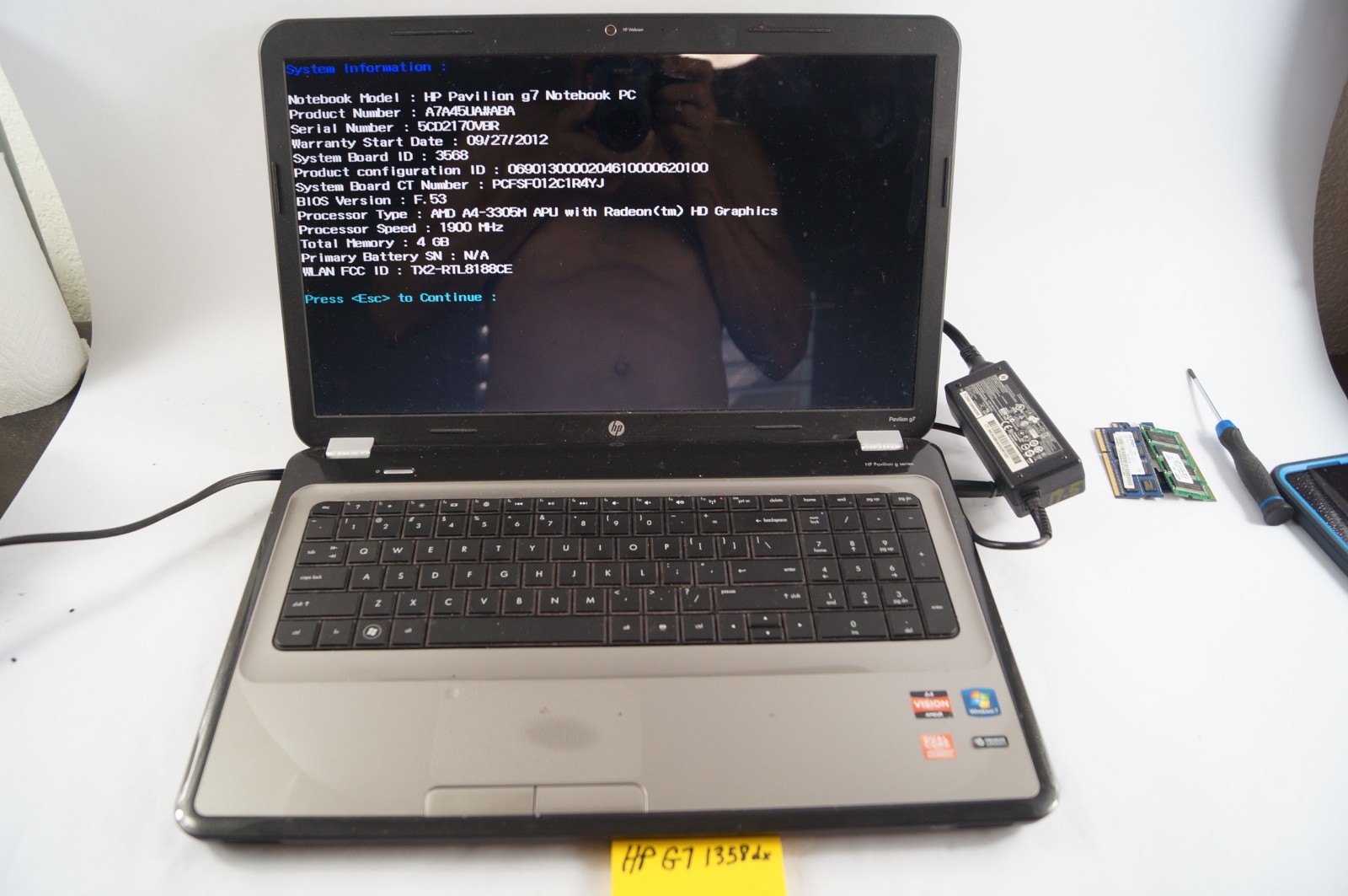 HP Pavilion G7-1358DX 17.25″ 4 GB Mem 1.9 GHz NO HD No Battery WORKING PoR C151