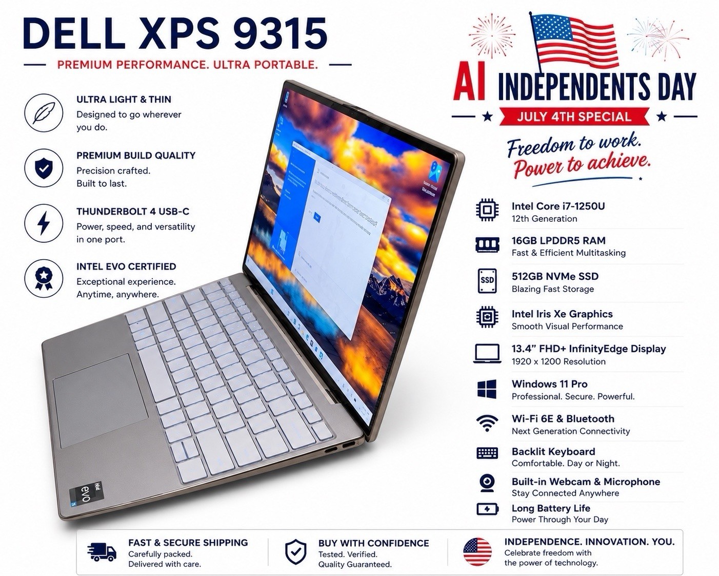 Dell XPS 9315 13.4” i7-1250U 16GB RAM 512GB SSD Win11 Pro Intel Evo FHD
