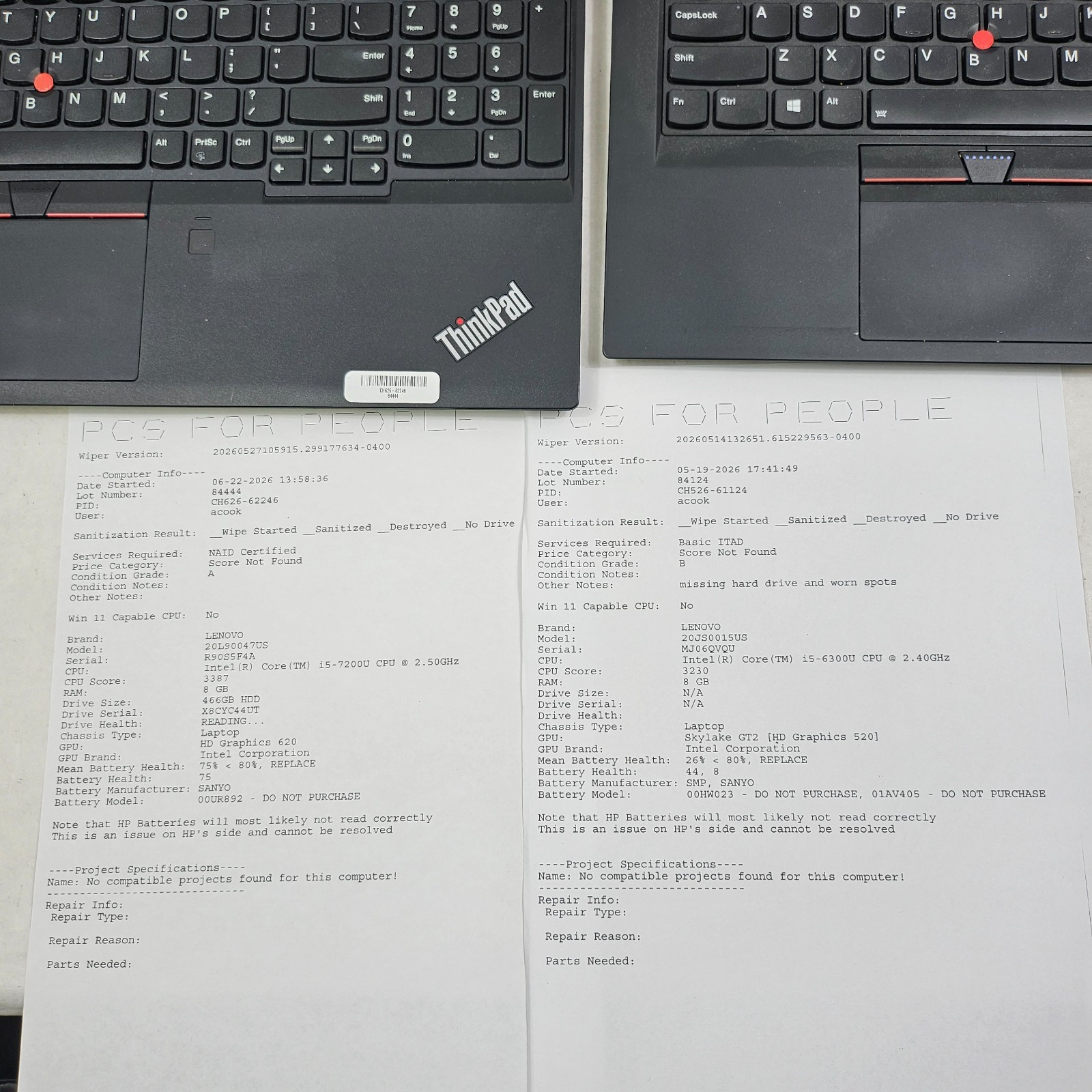 Lot of 9 Mixed Model Lenovo ThinkPad i5-6th-8th Gen 8GB RAM Mixed Specs *Read