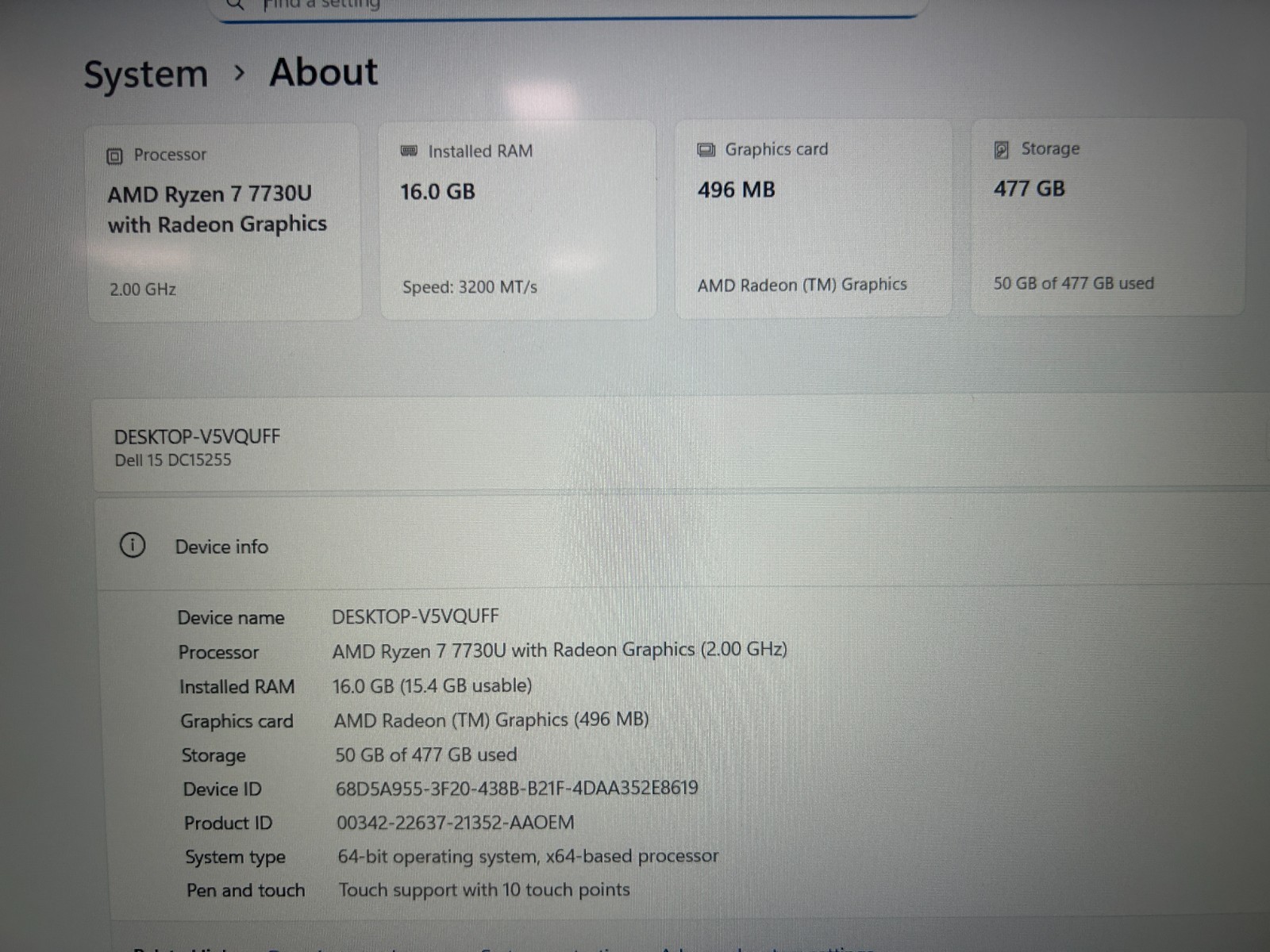 DELL 15 DC15255 G8MK9, AMD Ryzen 7 7730U, 2.00 GHz, 16 GB RAM 512 GB NVMe SSD