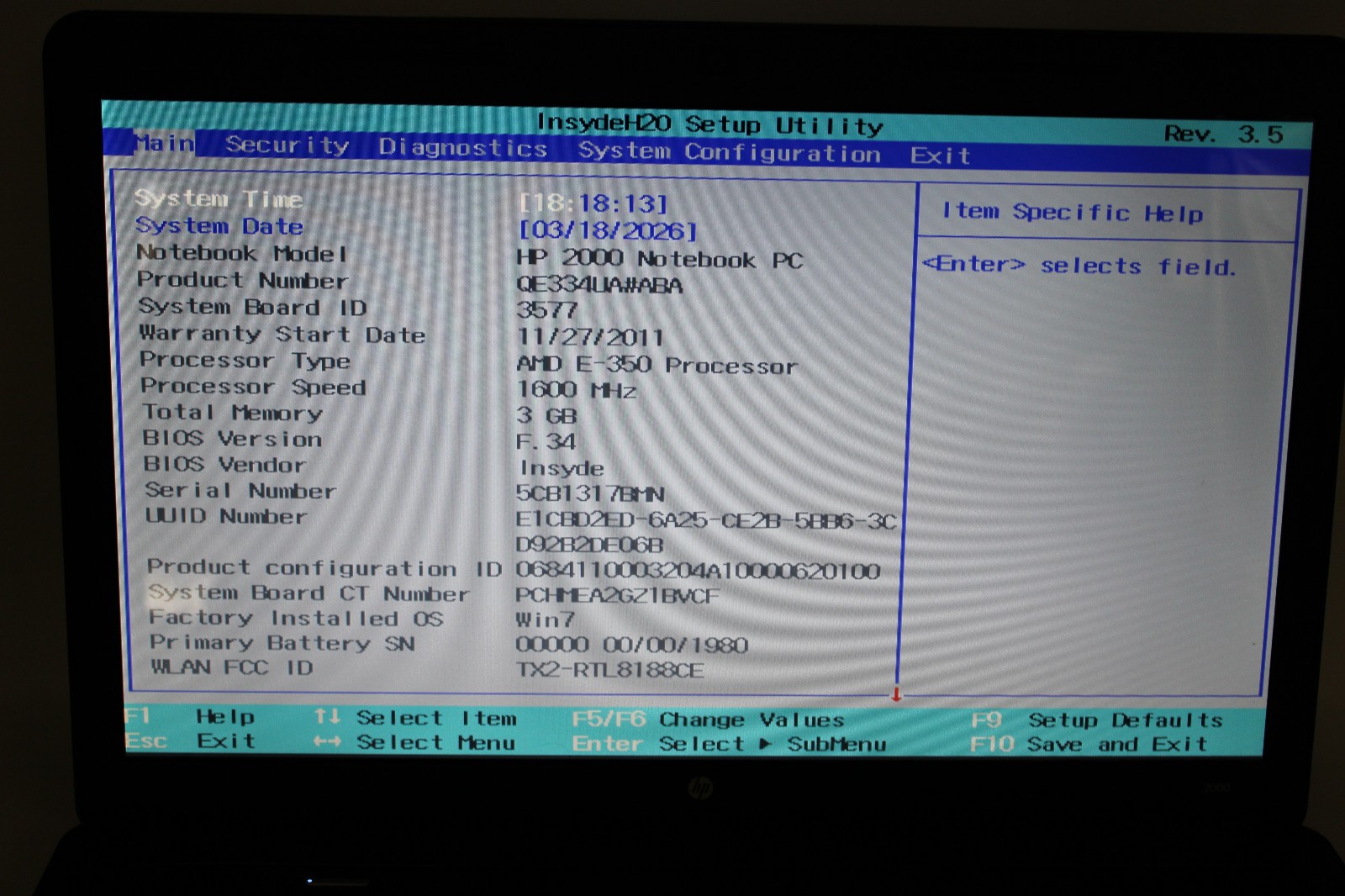 HP 2000-329WM _ AMD E-350 @ 1.6 GHz _ 3GB RAM _ No SSD / OS