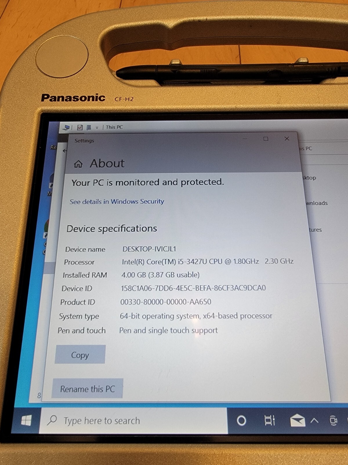 Panasonic CF-H2 Rugged Tablet Computer i5-3427U 4GB 256G WiFi 2 BATTERIES Stylus
