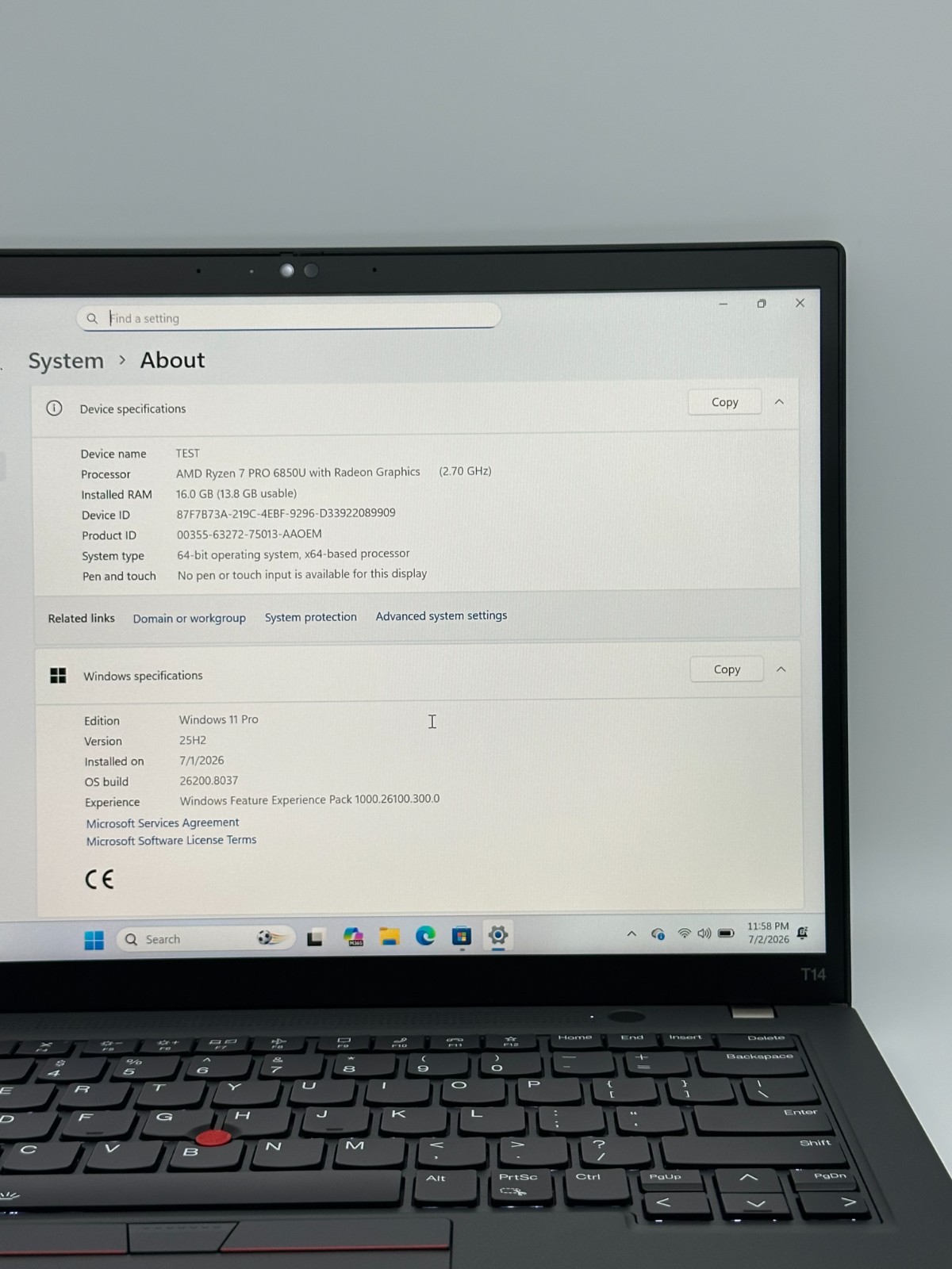 Lenovo ThinkPad T14 Gen 3 Laptop AMD RYZEN 7 PRO 6850U 16GB RAM 256GB SSD W11P