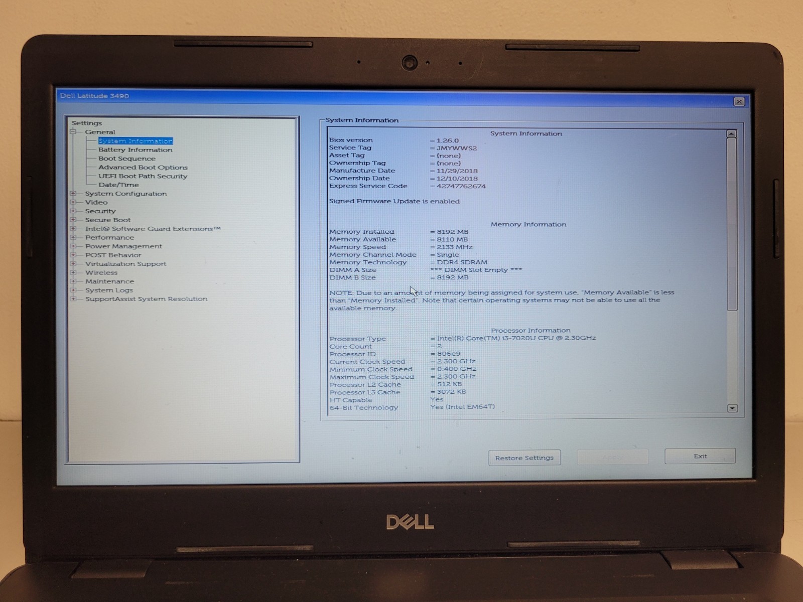Dell latitude 3490 14″ i3-7020u 2.3ghz 8gb ram 128gb ssd w11p Used JMYWWS2