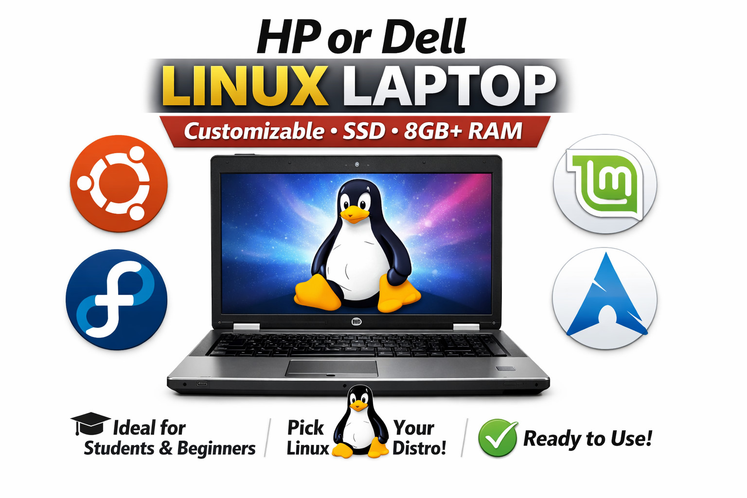 HP or Dell Linux Laptop 🐧 Custom Distro | SSD | 8GB+ RAM | Student Ready