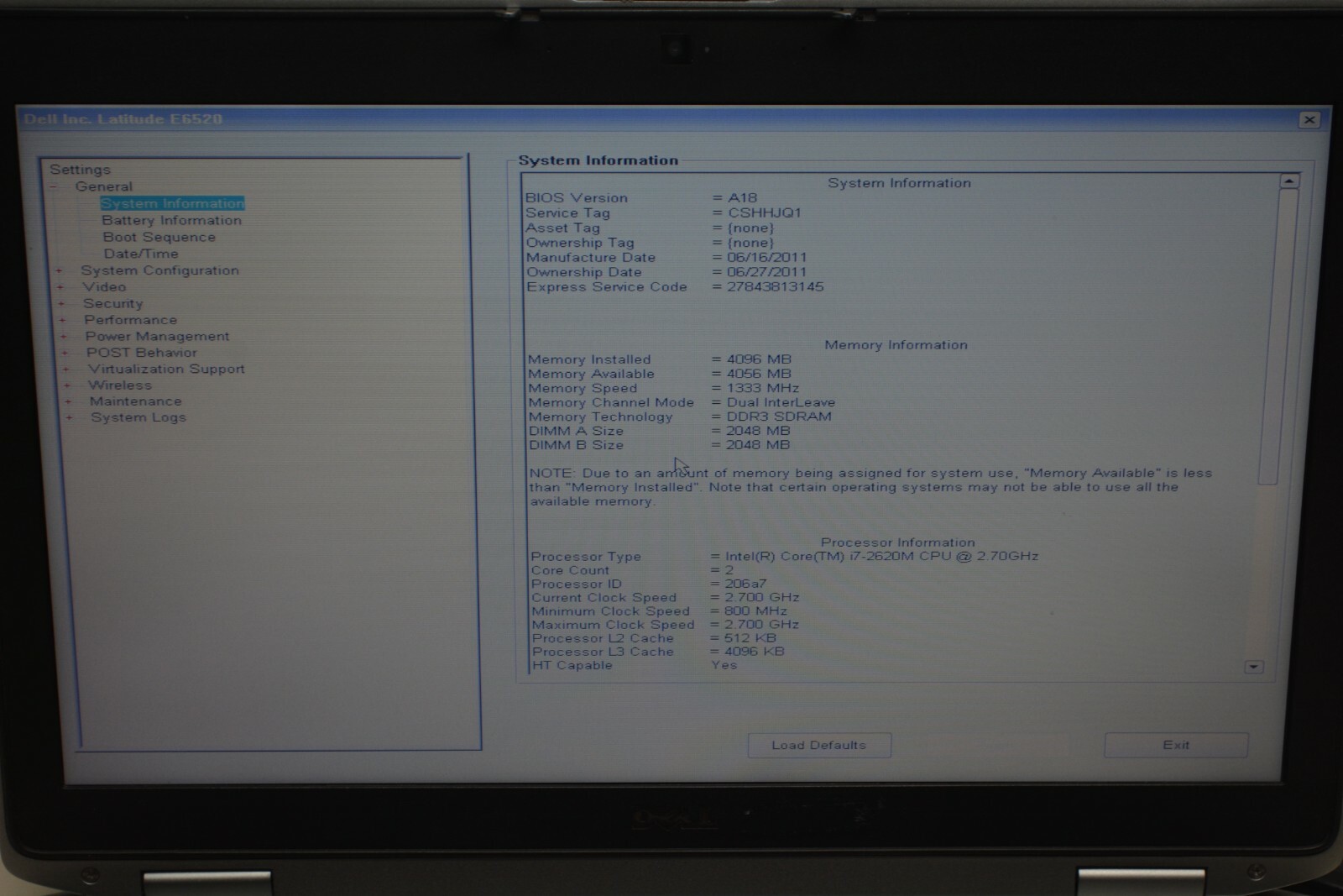 Dell Latitude E6520 Intel Core i7-2620M @ 2.70GHZ 4GB Ram No HD #Z451