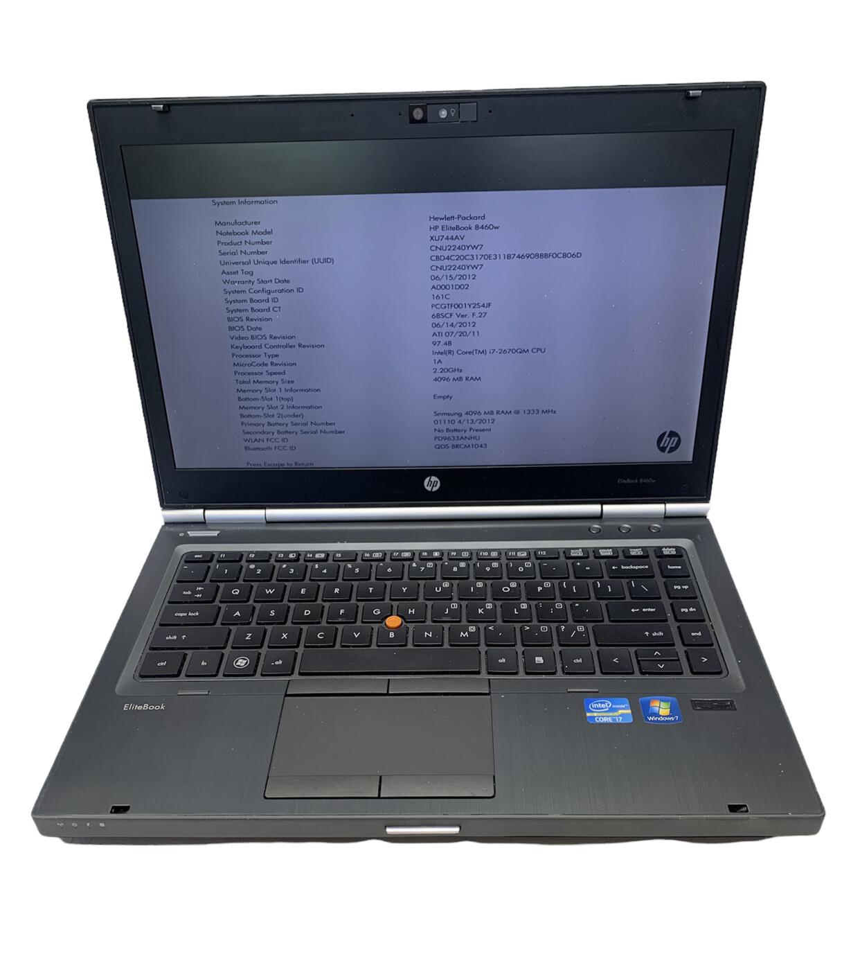 HP EliteBook 8460W i7-2670QM 2.20GHz 4GB not hard drive