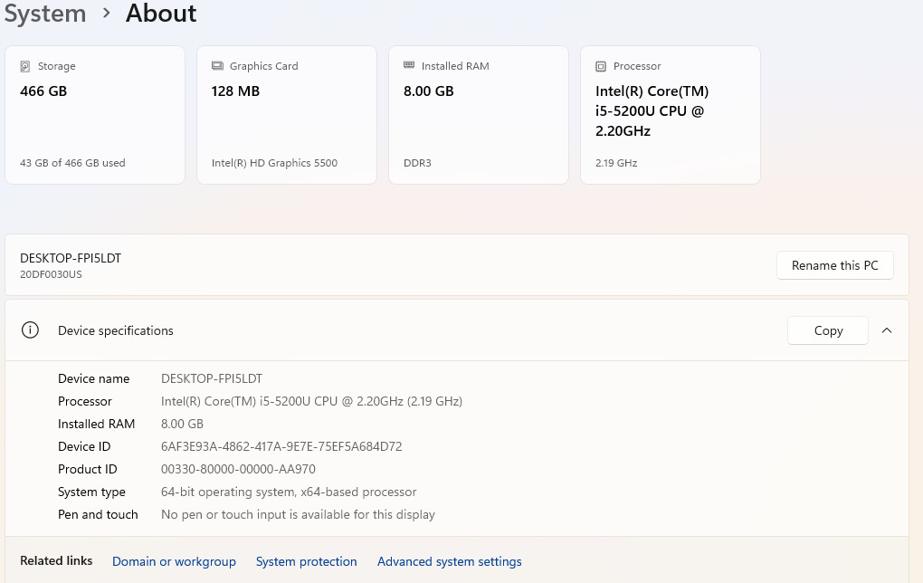 Lenovo ThinkPad E550 Intel i5-5200U – 8GB Ram – 500GB SSD – Windows 11 Pro 25H2