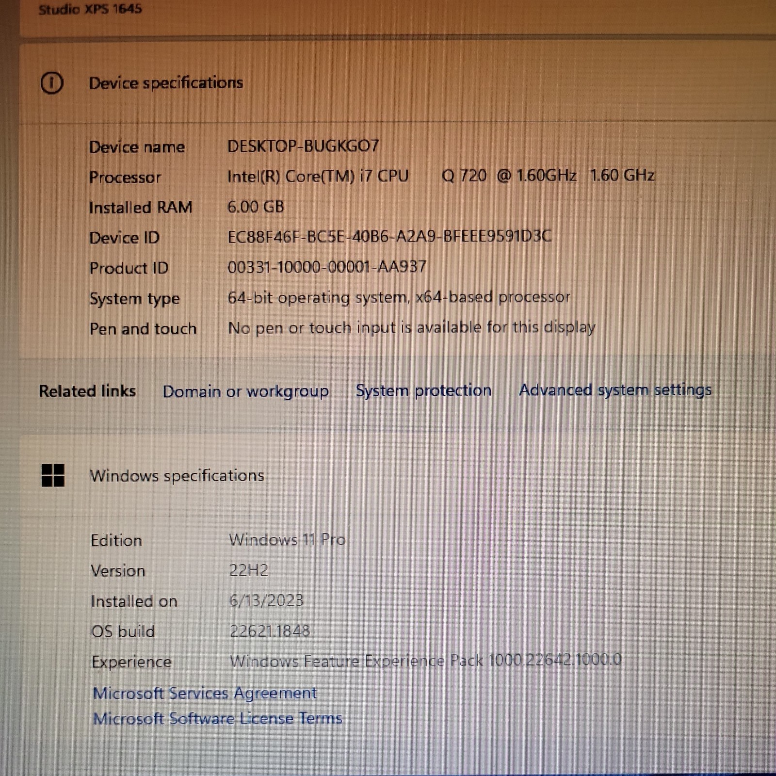 Dell Studio XPS 1645 15.6″ i7-Q720 6GB ram 465 GB HDD Webcam Backlit Win 11