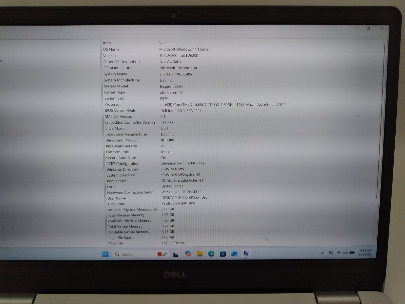 Dell Inspiron 5593 Intel Core i7-1065g7 @ 1.3 GHz 8GB RAM 256GB SSD Win11Home