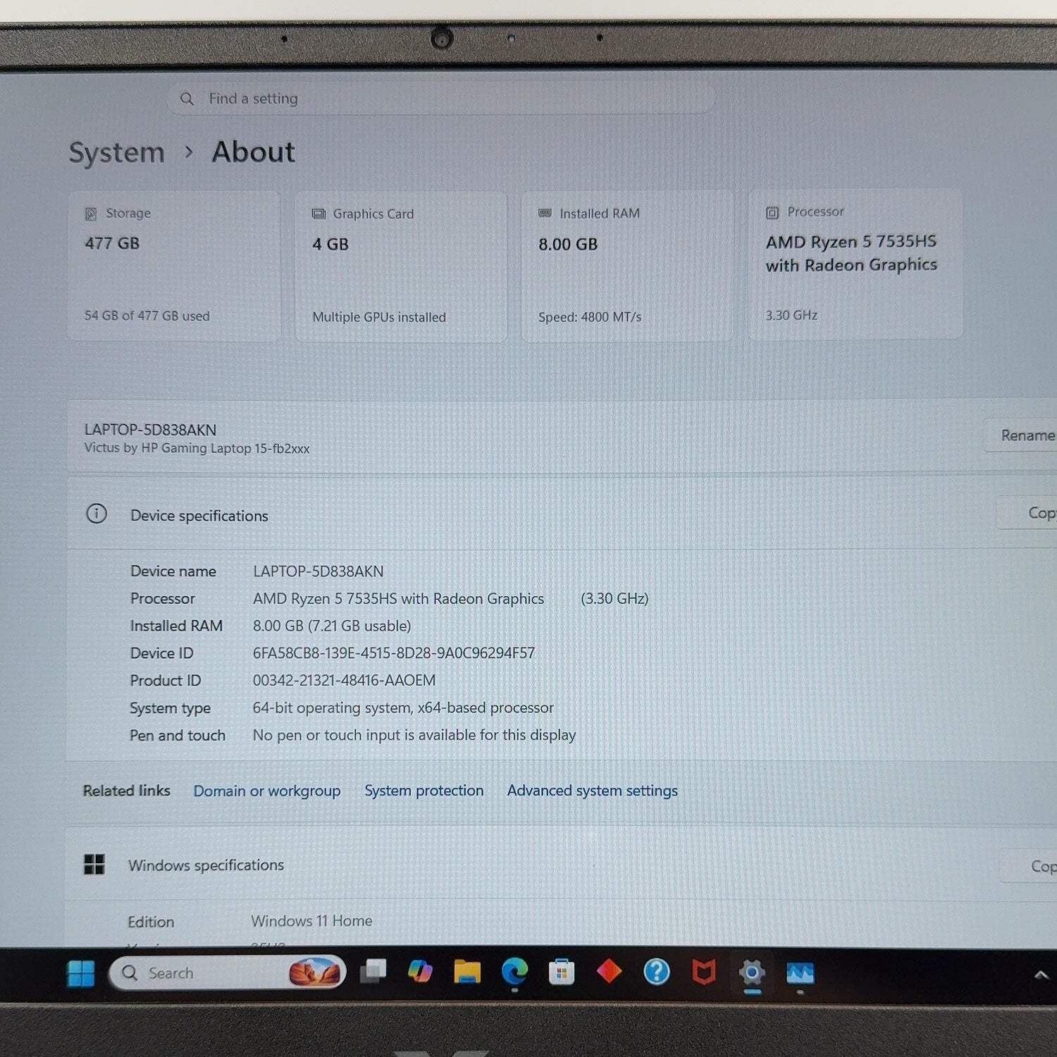 HP Victus 15-FB2063DX 15.6″ Ryzen 5 7535HS 8GB RAM 512GB SSD AMD Radeon RX 6550M